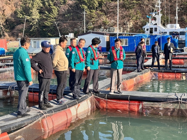 ▲정기명 여수시장이 저수온 피해 양식어가를 방문해 피해 상황 및 애로사항을 청취하고 있다.(사진제공=여수시)