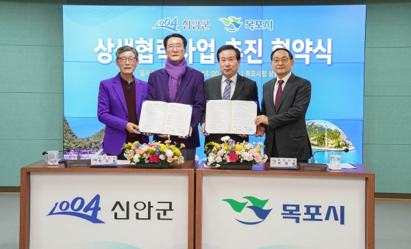 ▲목포시와 신안군이 목포·신안 상생협력사업 업무협약을 체결하고 있다.(사진제공=목포시)