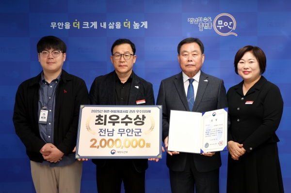 ▲군수실에서 진행된 해양수산부 어촌·어항재생사업 최우수 기관 수상 기념(사진제공=무안군)